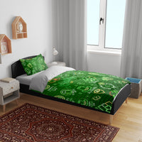 Neon green St. Patrick's Day duvet cover and pillow set on a bed