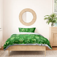 Neon green St. Patrick's Day bedding with clover and holiday icon print on bed