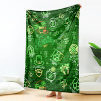 Green blanket draped forward with neon St. Patrick's Day icons on brick pattern