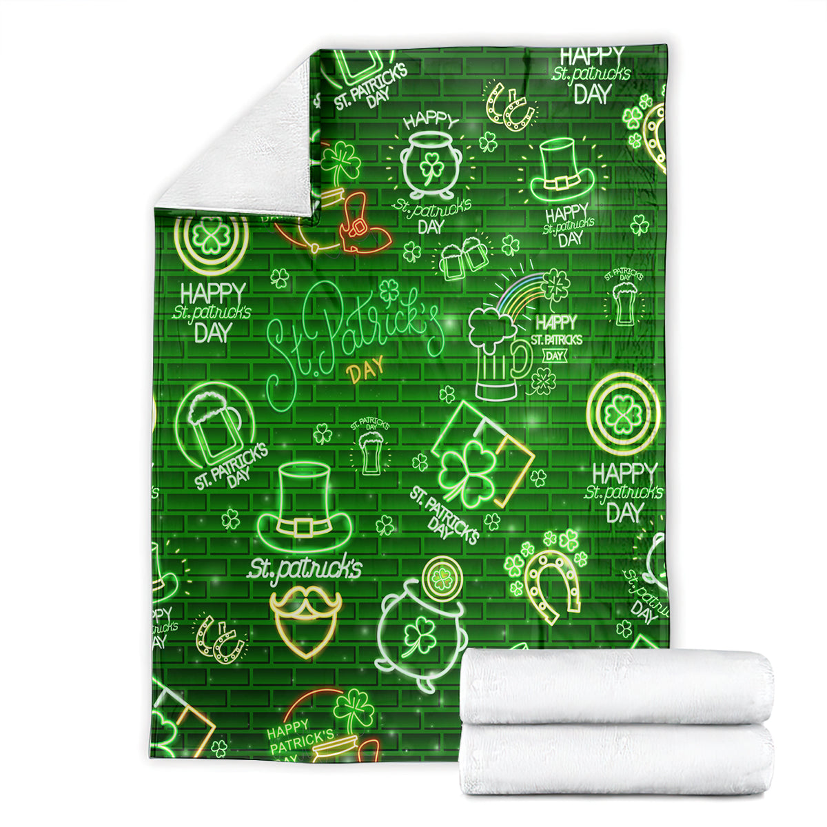 Green folded blanket with neon clover, horseshoe, and pot symbols on brick pattern