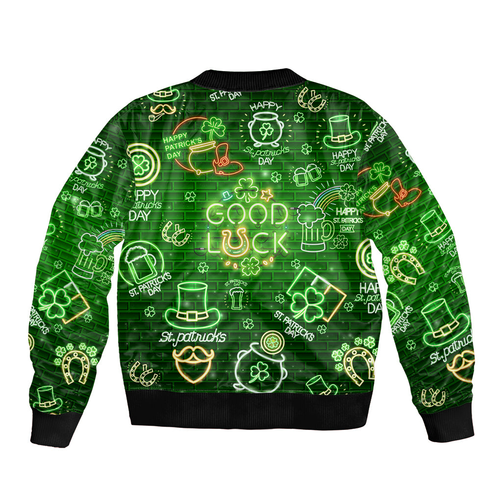 Neon green bomber jacket with neon clover, beer, and horseshoe icons, zip front