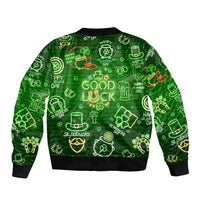Neon green bomber jacket with neon clover, beer, and horseshoe icons, zip front