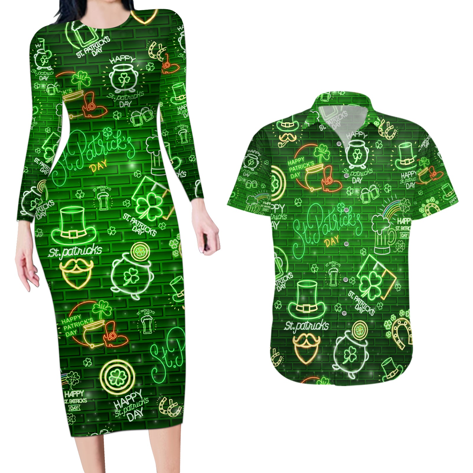 Ireland St Patrick's Day Couples Matching Long Sleeve Bodycon Dress and Hawaiian Shirt Symbols Neon - Wonder Print Shop