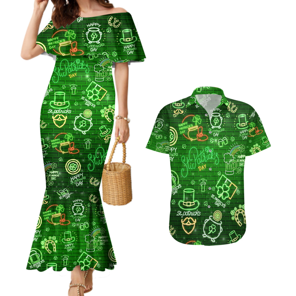 Ireland St Patrick's Day Couples Matching Mermaid Dress and Hawaiian Shirt Symbols Neon - Wonder Print Shop