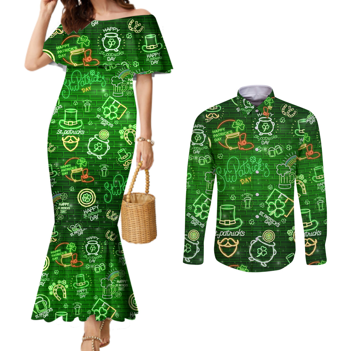 Ireland St Patrick's Day Couples Matching Mermaid Dress and Long Sleeve Button Shirt Symbols Neon