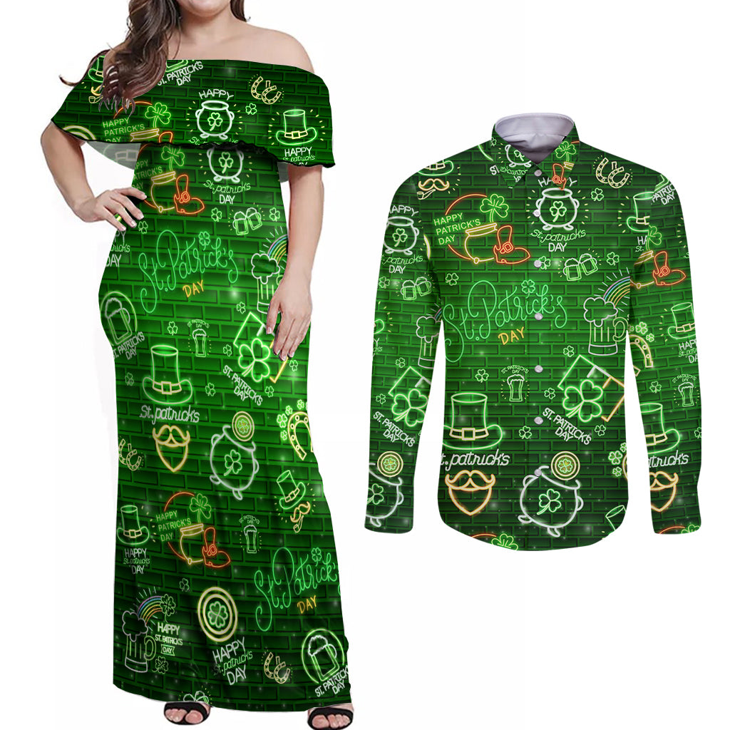 Ireland St Patrick's Day Couples Matching Off Shoulder Maxi Dress and Long Sleeve Button Shirt Symbols Neon - Wonder Print Shop