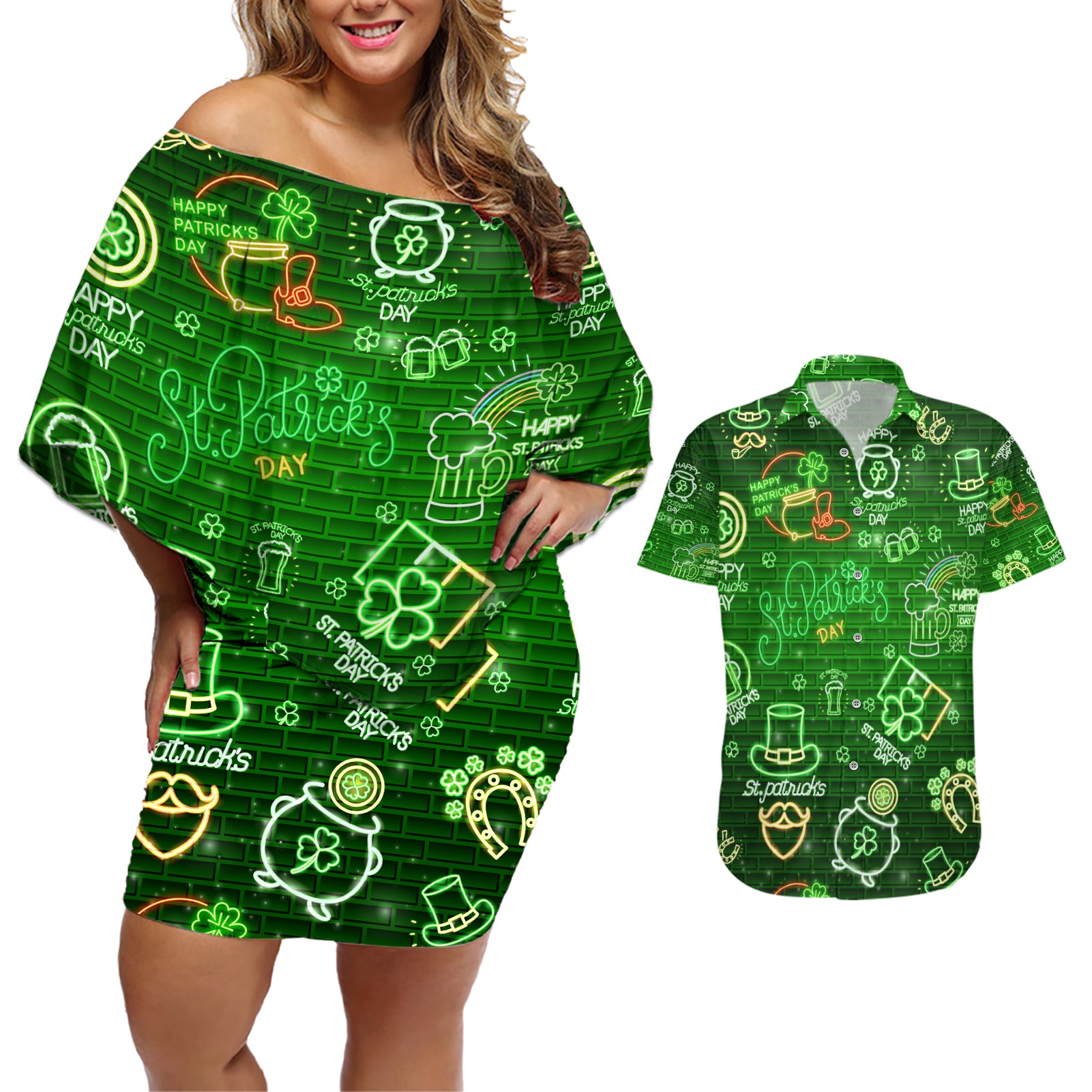 Ireland St Patrick's Day Couples Matching Off Shoulder Short Dress and Hawaiian Shirt Symbols Neon - Wonder Print Shop