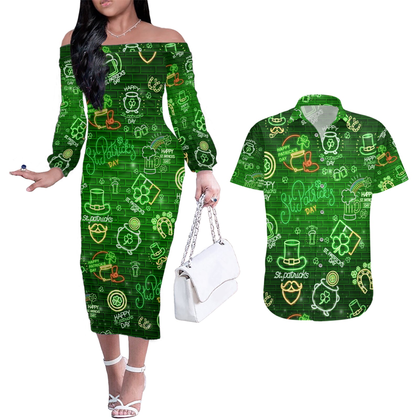 Ireland St Patrick's Day Couples Matching Off The Shoulder Long Sleeve Dress and Hawaiian Shirt Symbols Neon - Wonder Print Shop