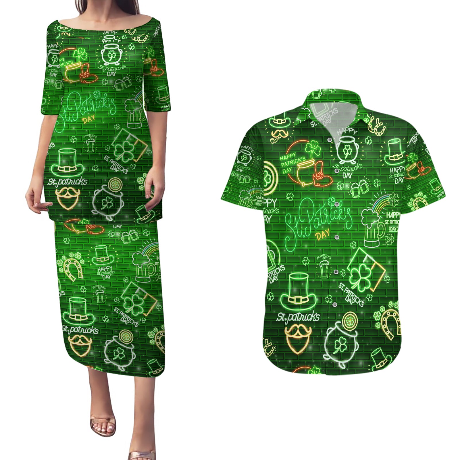 Ireland St Patrick's Day Couples Matching Puletasi and Hawaiian Shirt Symbols Neon - Wonder Print Shop