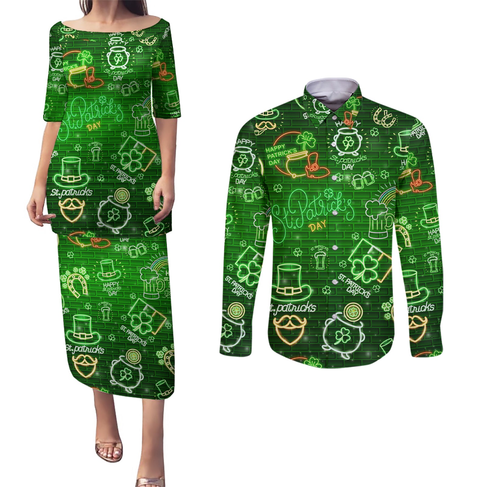 Ireland St Patrick's Day Couples Matching Puletasi and Long Sleeve Button Shirt Symbols Neon - Wonder Print Shop