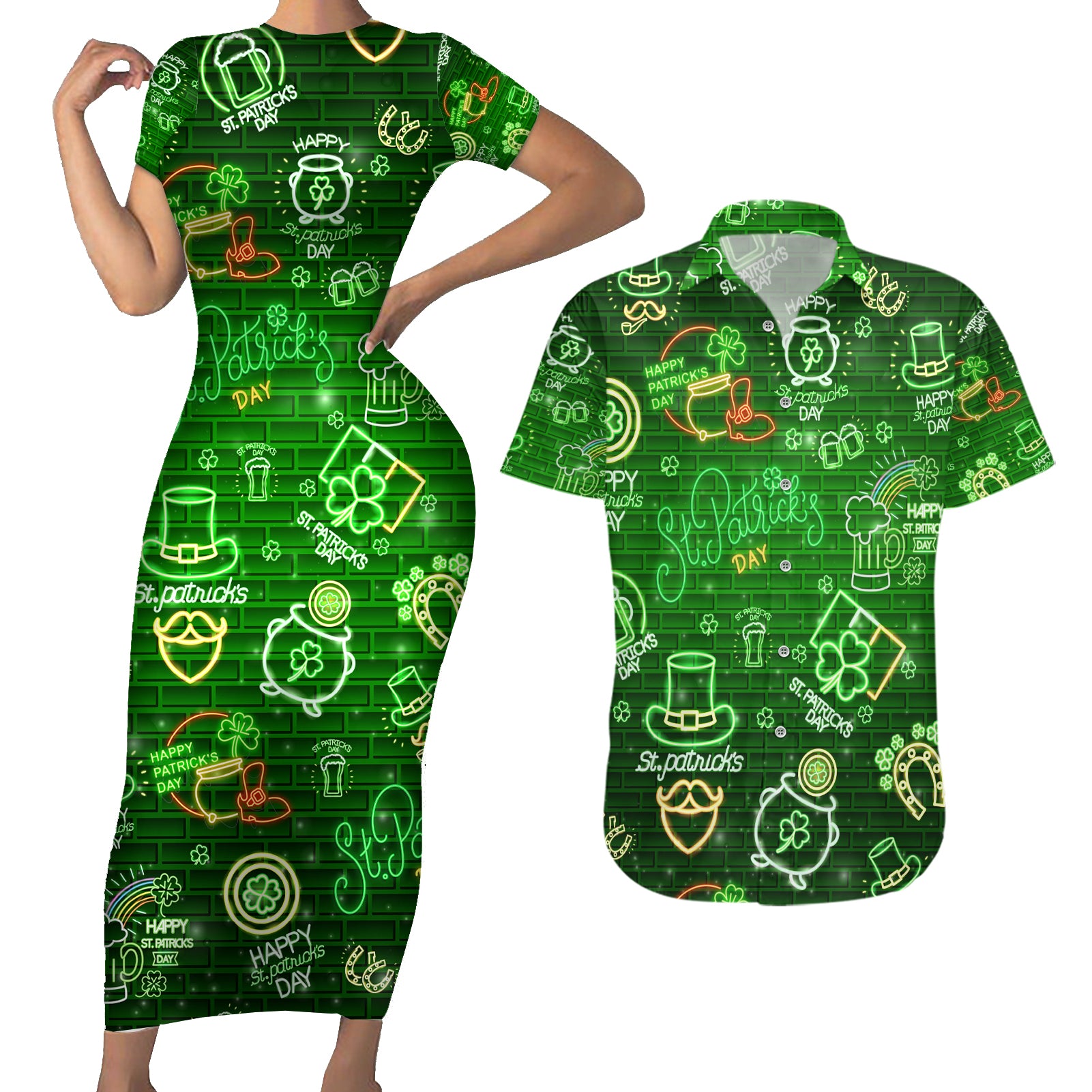 Ireland St Patrick's Day Couples Matching Short Sleeve Bodycon Dress and Hawaiian Shirt Symbols Neon - Wonder Print Shop