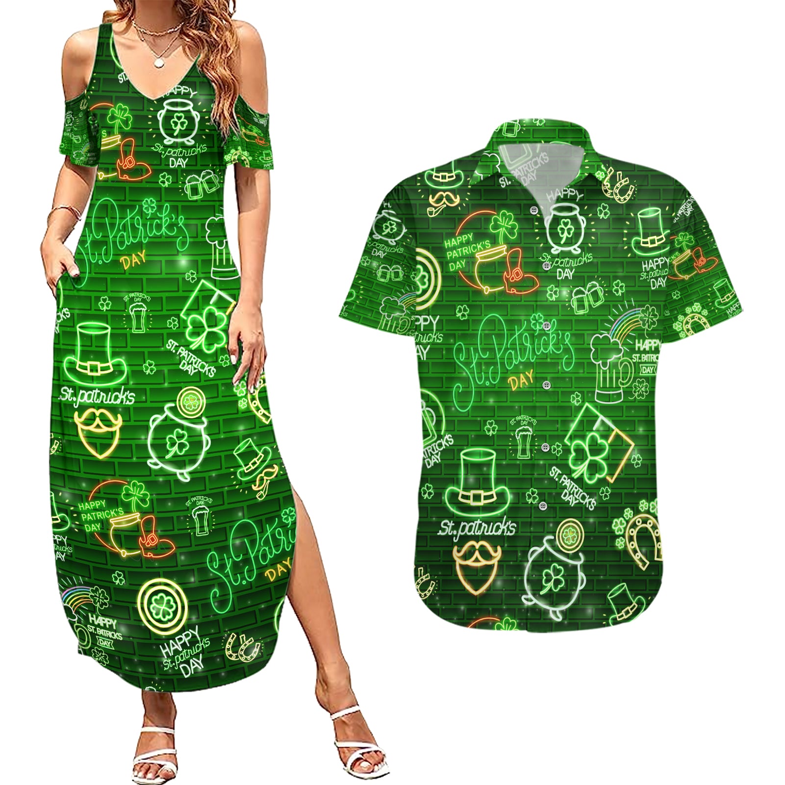 Ireland St Patrick's Day Couples Matching Summer Maxi Dress and Hawaiian Shirt Symbols Neon - Wonder Print Shop