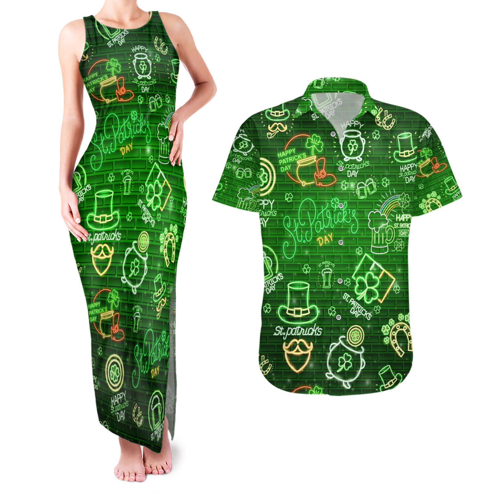 Ireland St Patrick's Day Couples Matching Tank Maxi Dress and Hawaiian Shirt Symbols Neon - Wonder Print Shop