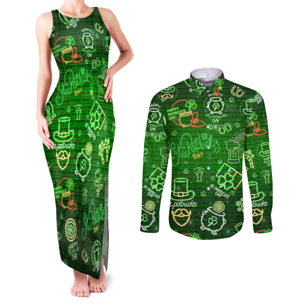 Ireland St Patrick's Day Couples Matching Tank Maxi Dress and Long Sleeve Button Shirt Symbols Neon - Wonder Print Shop