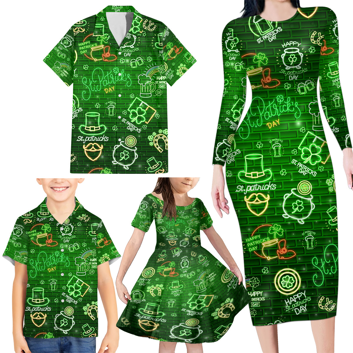 Ireland St Patrick's Day Family Matching Long Sleeve Bodycon Dress and Hawaiian Shirt Symbols Neon - Wonder Print Shop