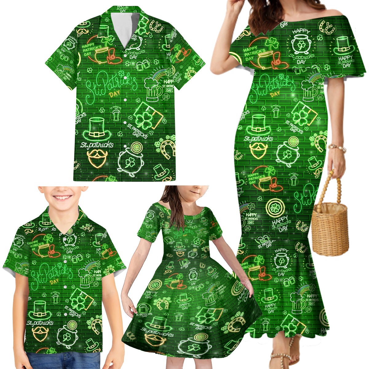 Ireland St Patrick's Day Family Matching Mermaid Dress and Hawaiian Shirt Symbols Neon - Wonder Print Shop