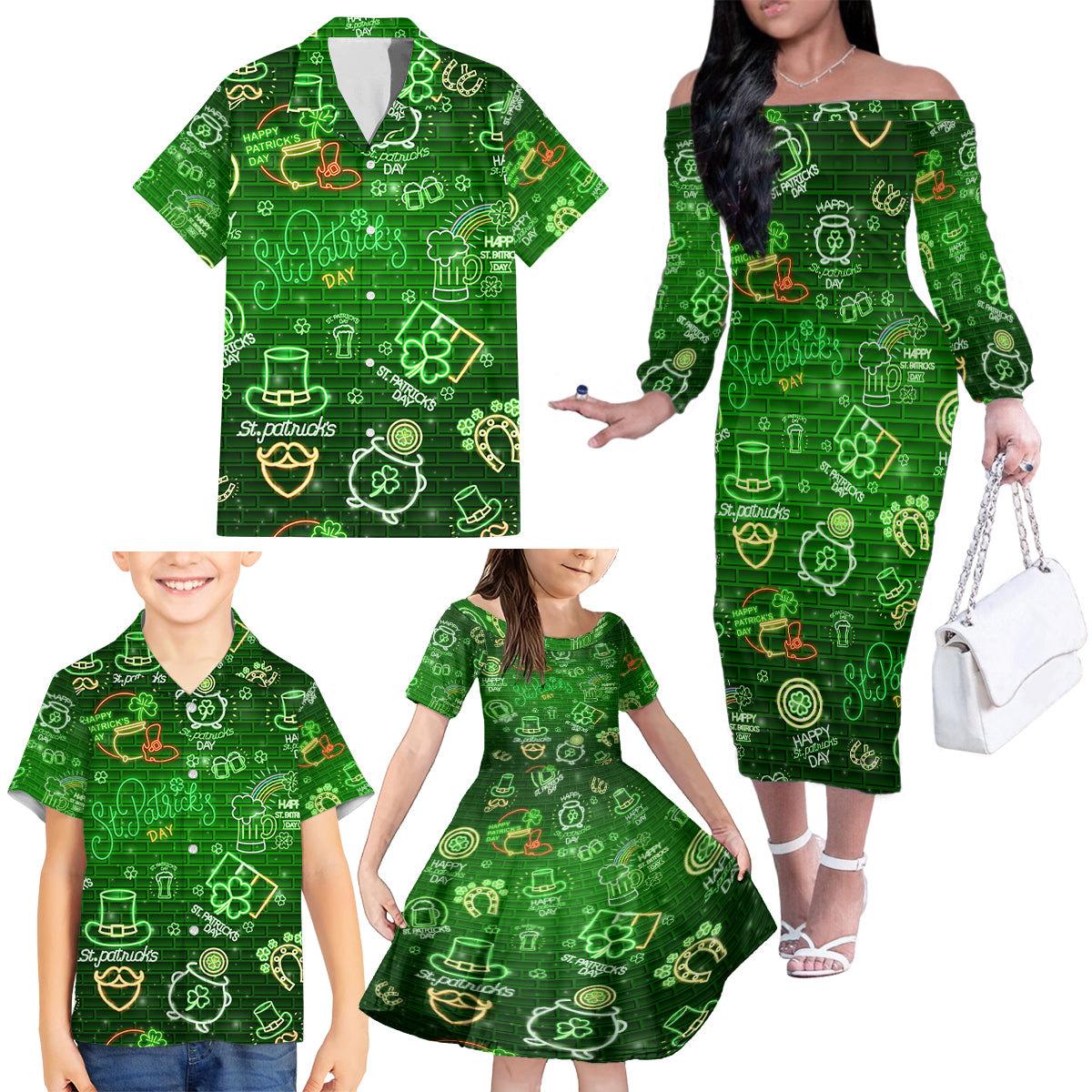 Ireland St Patrick's Day Family Matching Off The Shoulder Long Sleeve Dress and Hawaiian Shirt Symbols Neon - Wonder Print Shop