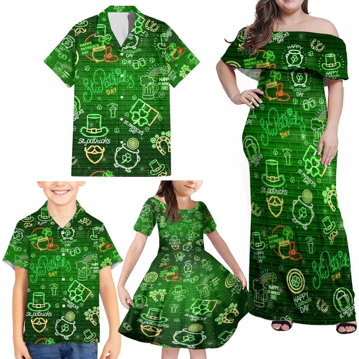 Ireland St Patrick's Day Family Matching Off Shoulder Maxi Dress and Hawaiian Shirt Symbols Neon - Wonder Print Shop