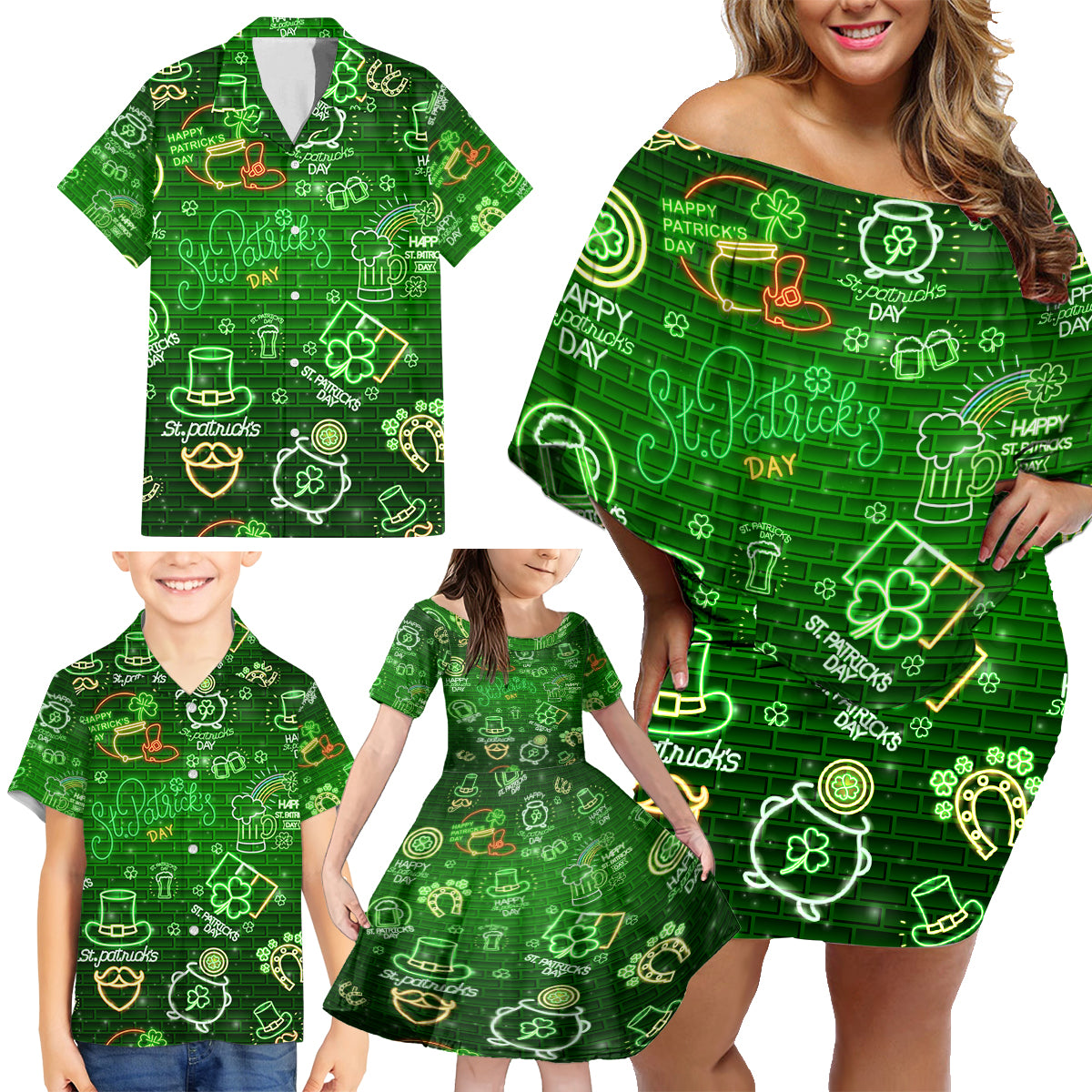 Ireland St Patrick's Day Family Matching Off Shoulder Short Dress and Hawaiian Shirt Symbols Neon - Wonder Print Shop