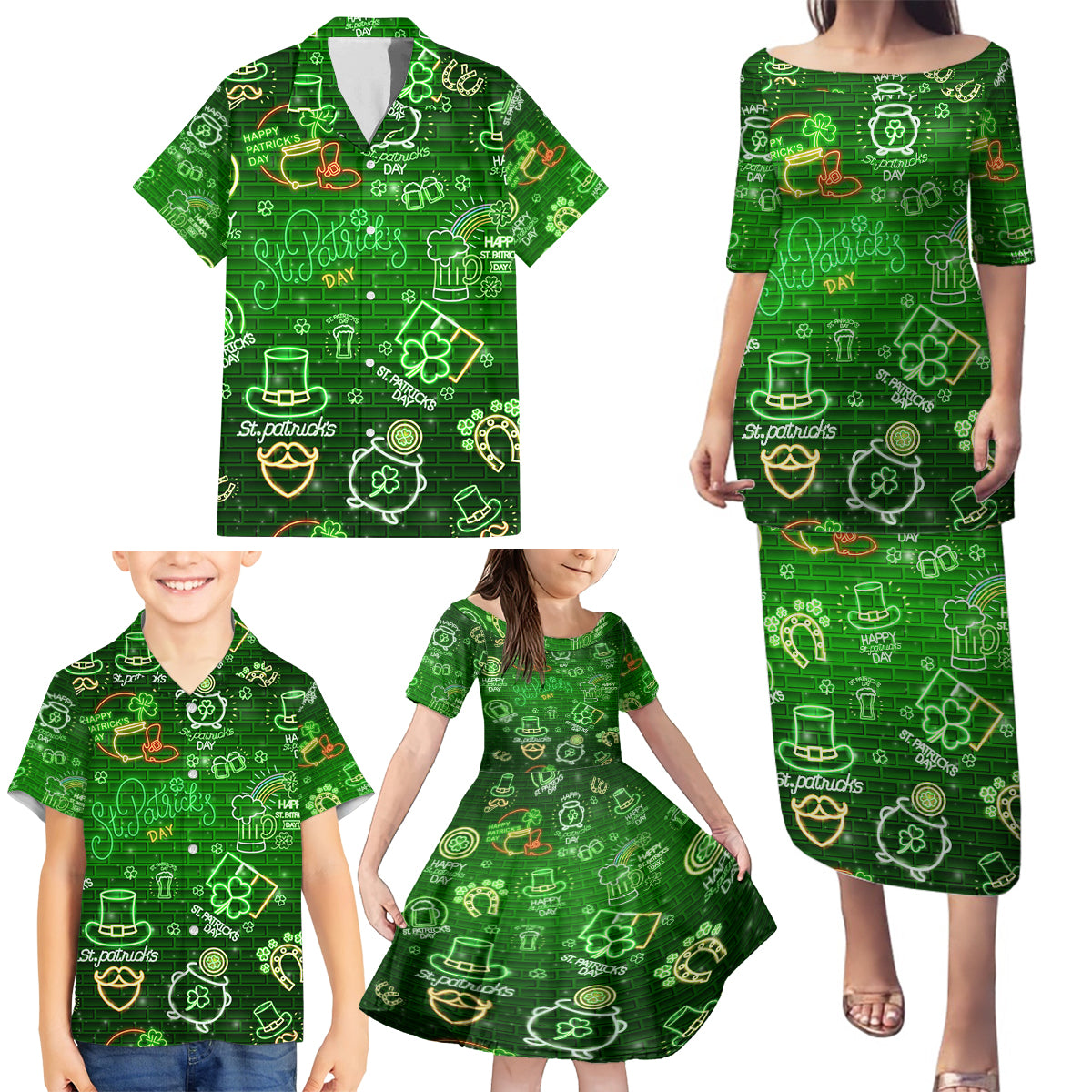 Ireland St Patrick's Day Family Matching Puletasi and Hawaiian Shirt Symbols Neon - Wonder Print Shop