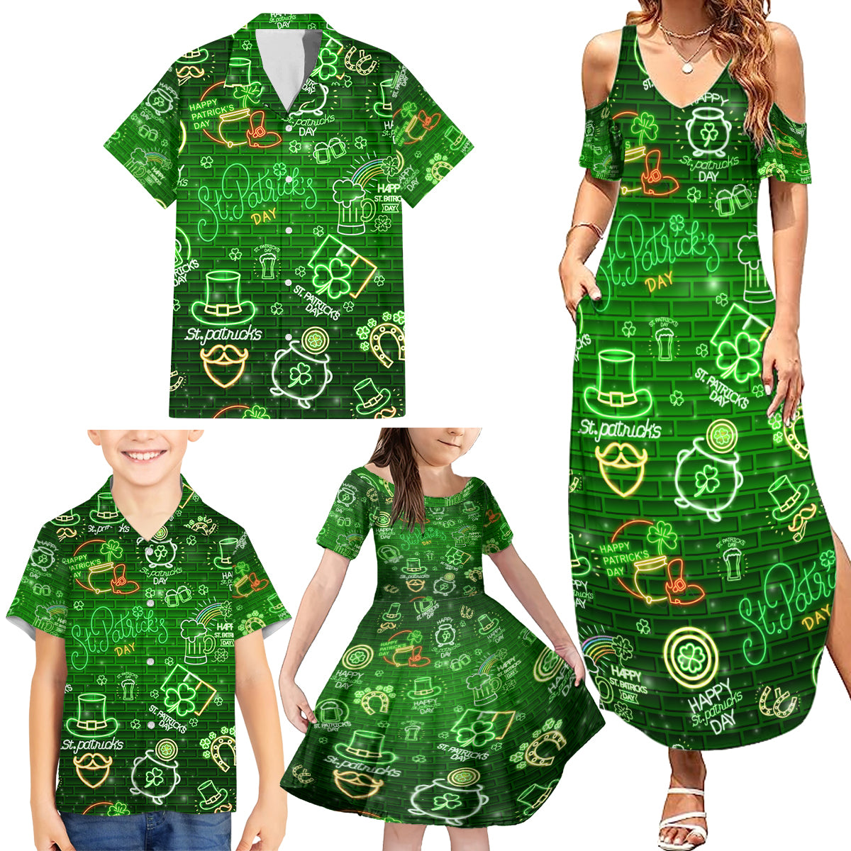 Ireland St Patrick's Day Family Matching Summer Maxi Dress and Hawaiian Shirt Symbols Neon - Wonder Print Shop