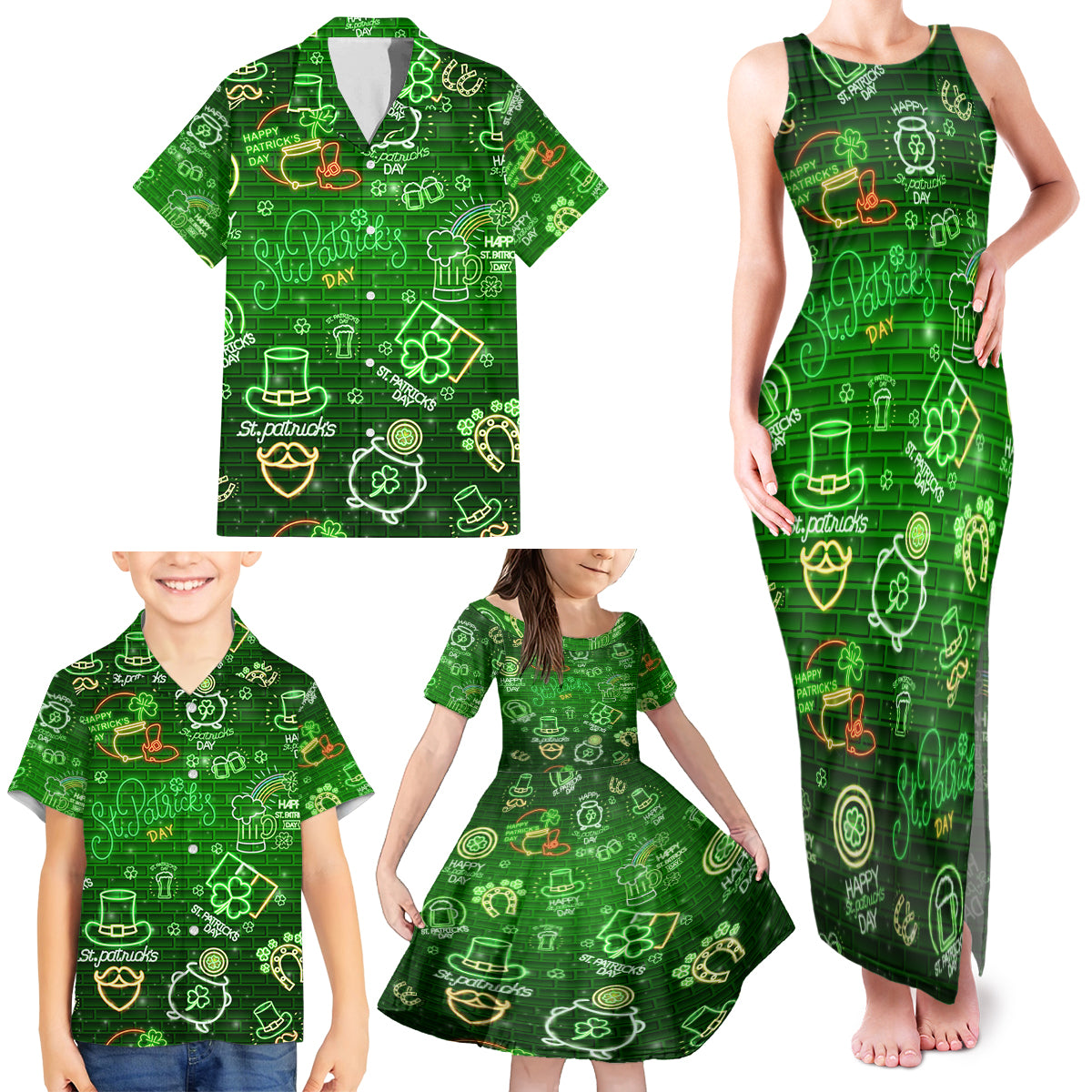 Ireland St Patrick's Day Family Matching Tank Maxi Dress and Hawaiian Shirt Symbols Neon - Wonder Print Shop