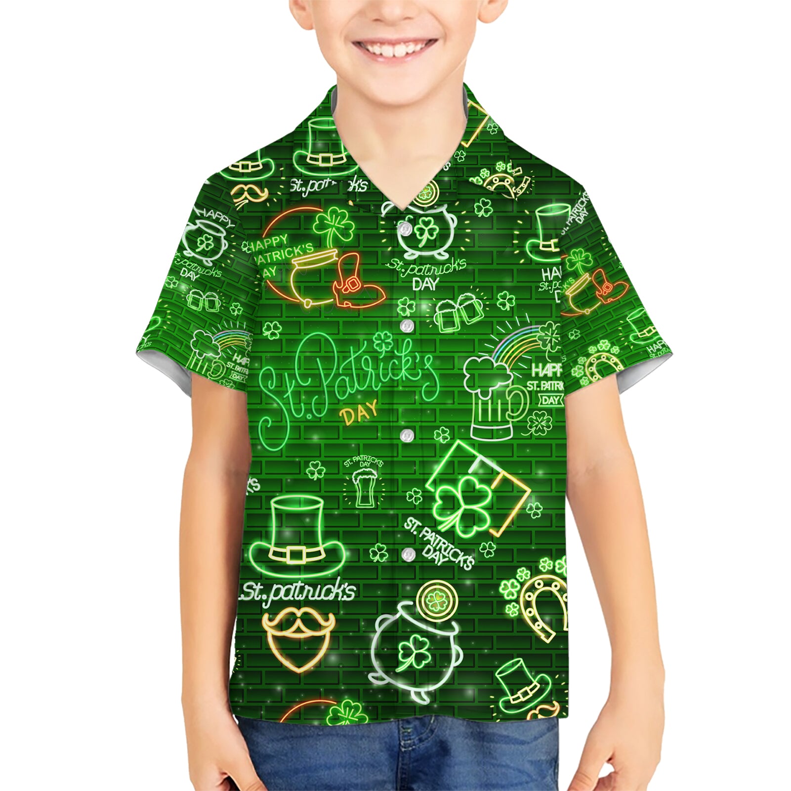 Ireland St Patrick's Day Kid Hawaiian Shirt Symbols Neon - Wonder Print Shop