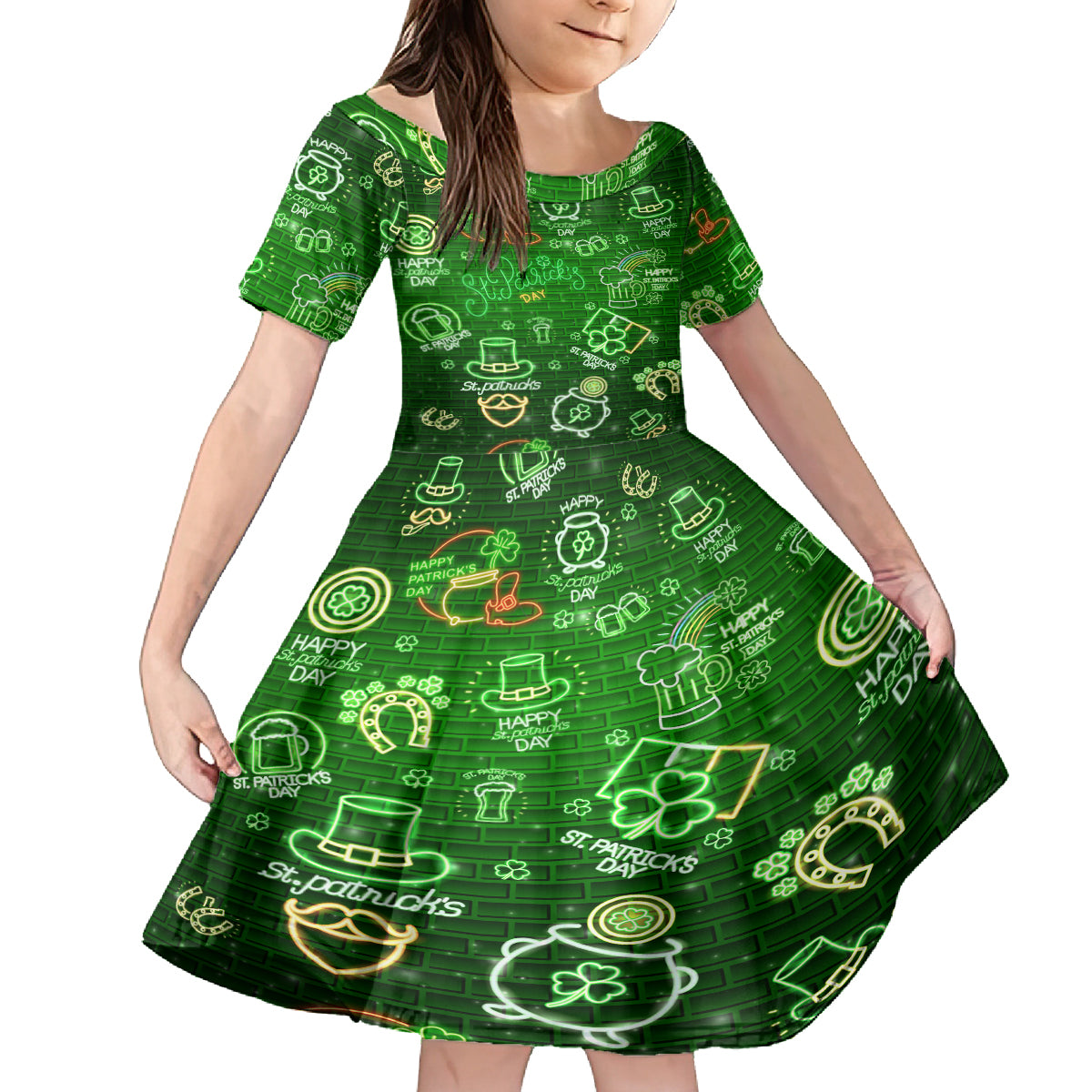 Ireland St Patrick's Day Kid Short Sleeve Dress Symbols Neon - Wonder Print Shop