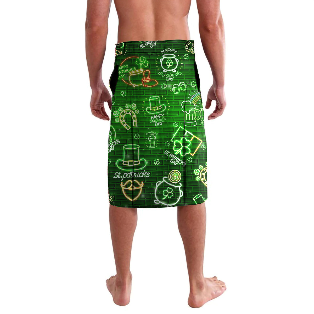 Green lavalava wrap skirt with neon St Patrick's day icons, clovers, and shamrocks