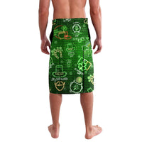 Green lavalava wrap skirt with neon St Patrick's day icons, clovers, and shamrocks