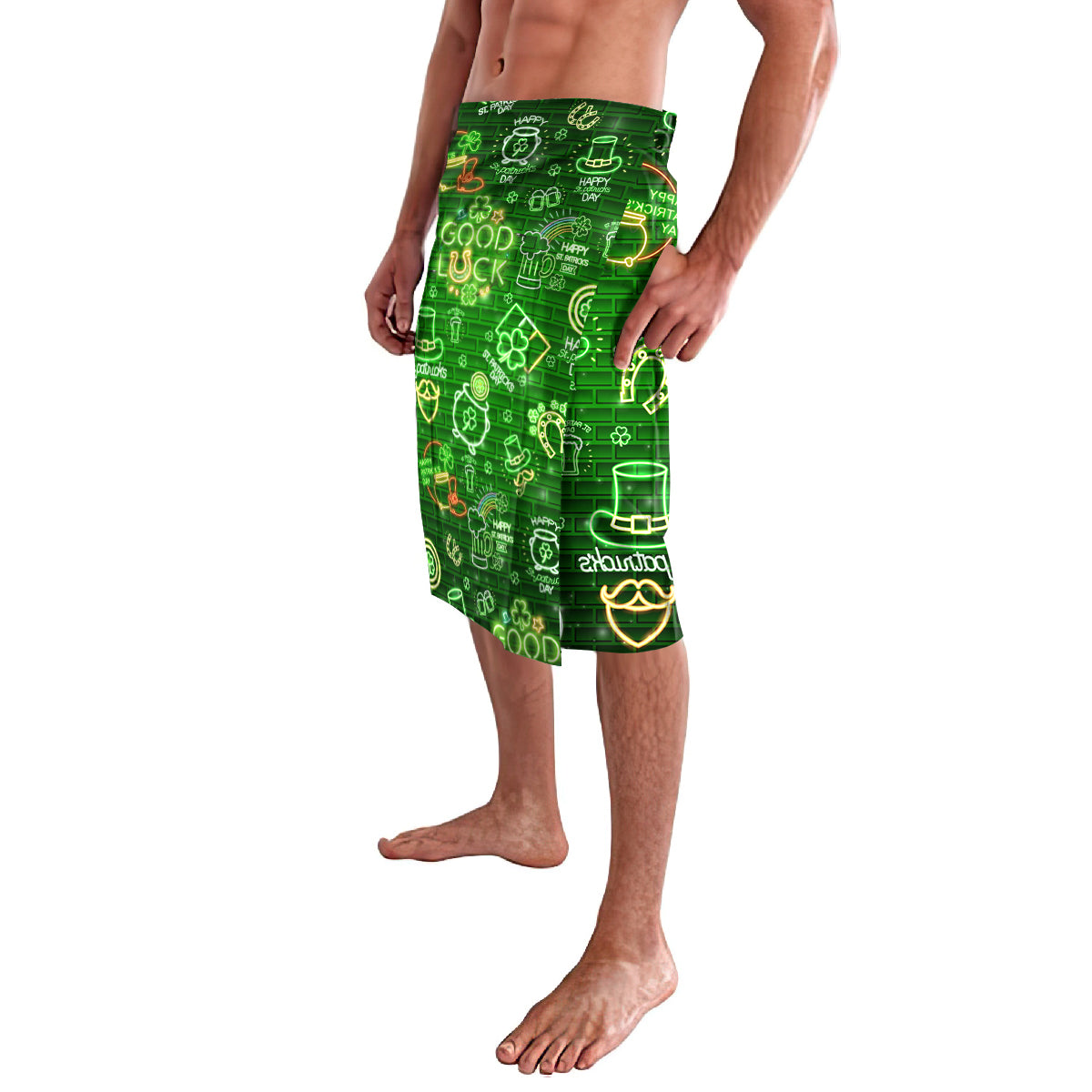 Green lavalava wrap skirt with neon collage of St Patrick's symbols and border trim
