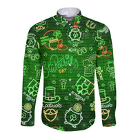 Neon green long-sleeve button shirt with St. Patrick’s Day symbols and greeting text