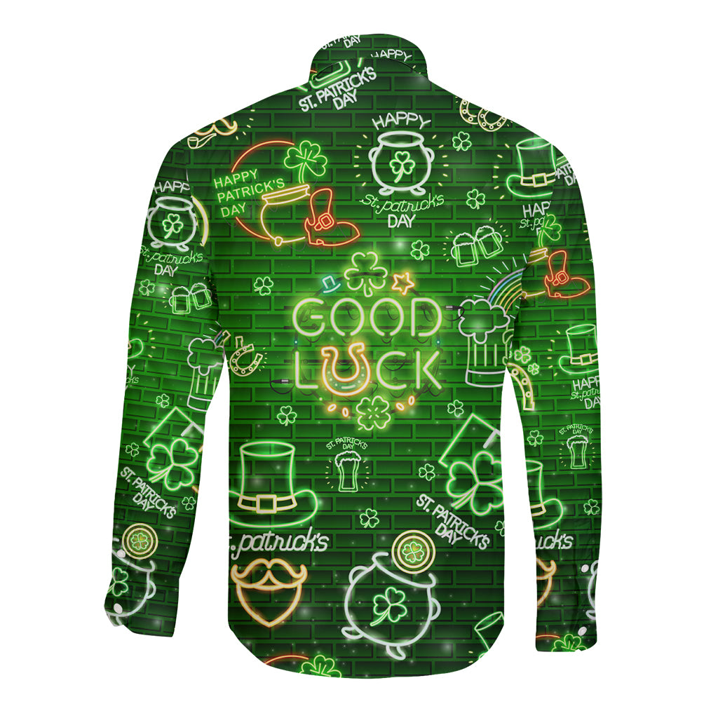 Neon green long-sleeve button shirt with St. Patrick’s Day symbols and 'GOOD LUCK'