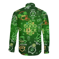 Neon green long-sleeve button shirt with St. Patrick’s Day symbols and 'GOOD LUCK'