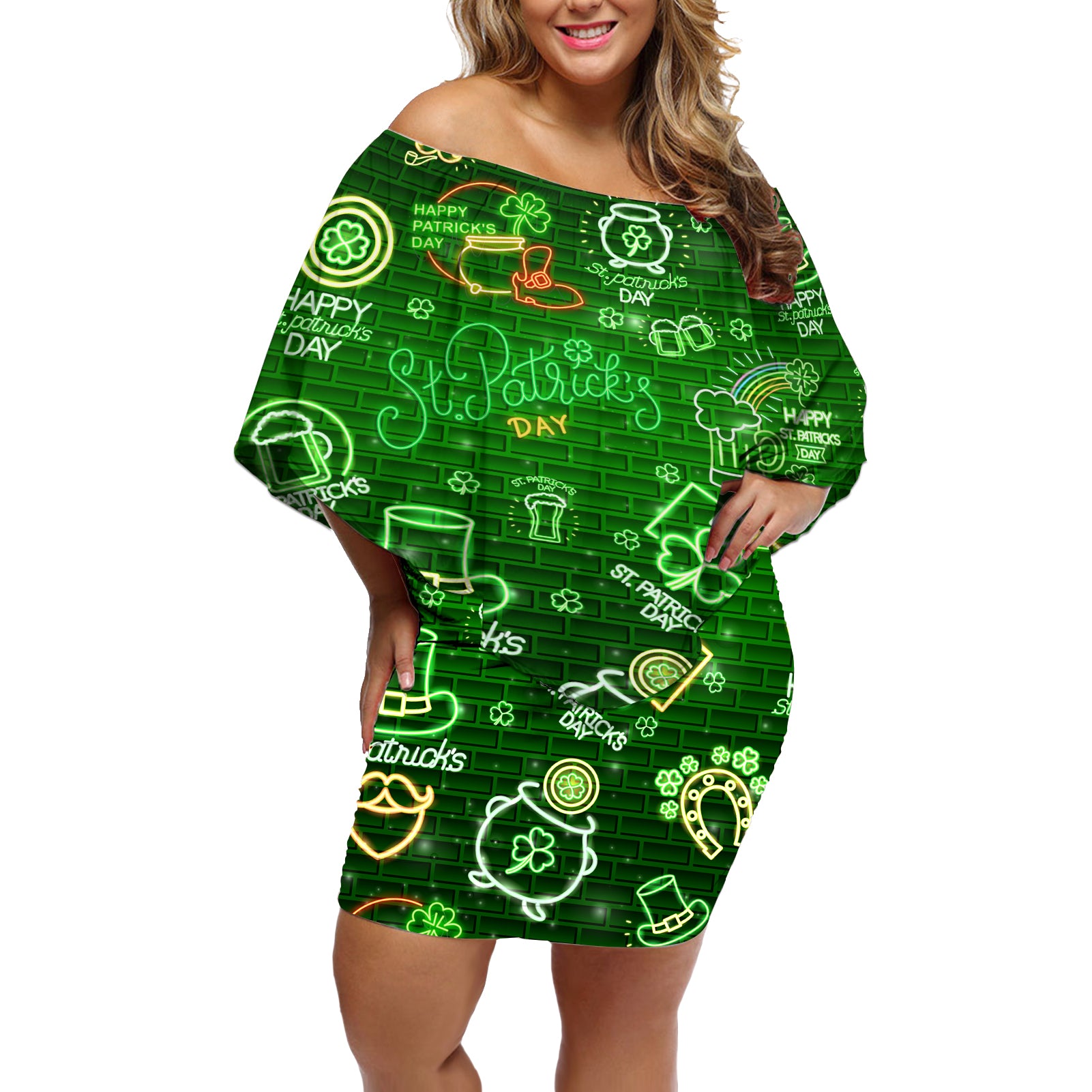 Ireland St Patrick's Day Off Shoulder Short Dress Symbols Neon - Wonder Print Shop