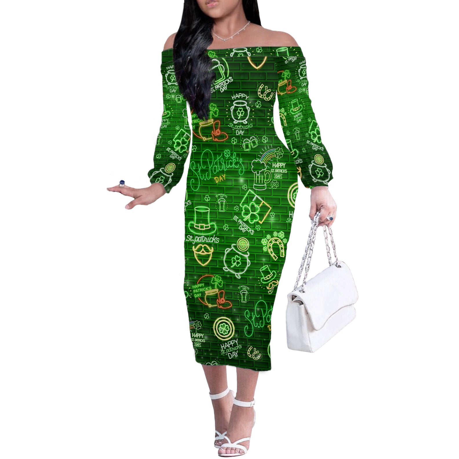 Ireland St Patrick's Day Off The Shoulder Long Sleeve Dress Symbols Neon - Wonder Print Shop