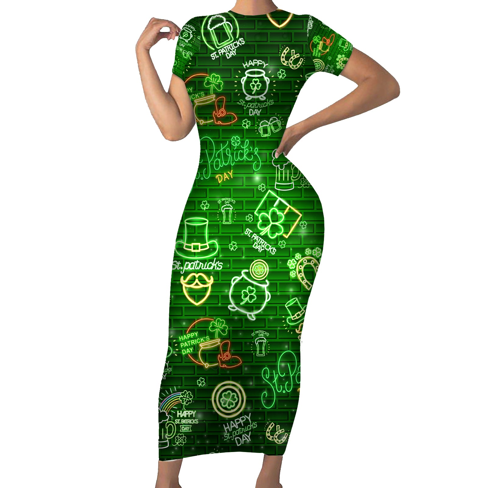 Ireland St Patrick's Day Short Sleeve Bodycon Dress Symbols Neon