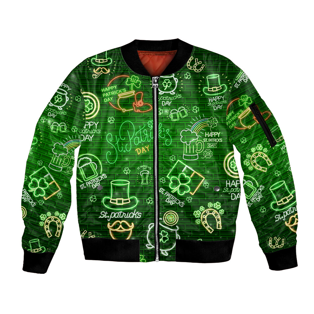 Ireland St Patrick's Day Sleeve Zip Bomber Jacket Symbols Neon