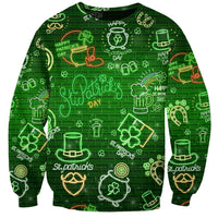 Green St. Patrick's Day sweatshirt with neon outline symbols on brick pattern