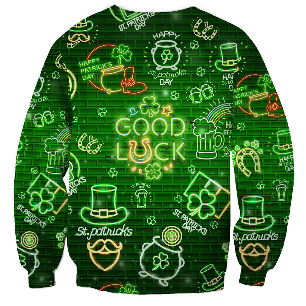 Green St. Patrick's Day sweatshirt with neon 'GOOD LUCK' text and brick pattern