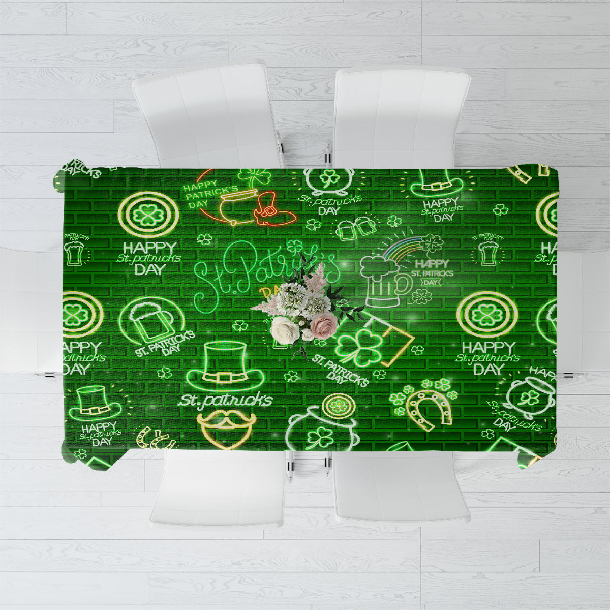 Neon green St Patrick's Day tablecloth with brick pattern and clover symbols