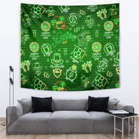 Green neon St. Patrick's Day tapestry with shamrocks, horseshoes, and 'Happy' text