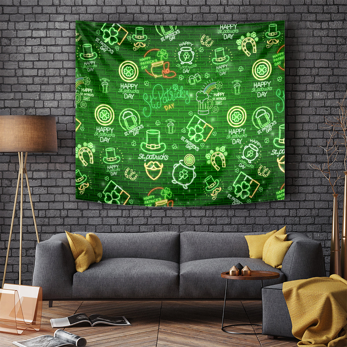 Green neon St. Patrick's Day tapestry covered in clovers, rainbows, and horseshoe icons