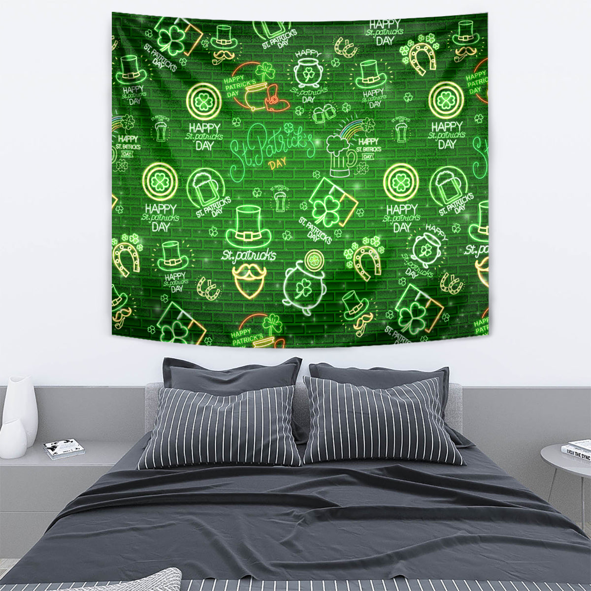 Green neon St. Patrick's Day tapestry with repeating icons and 'St. Patrick's Day' lettering
