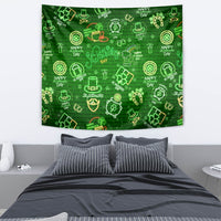 Green neon St. Patrick's Day tapestry with repeating icons and 'St. Patrick's Day' lettering