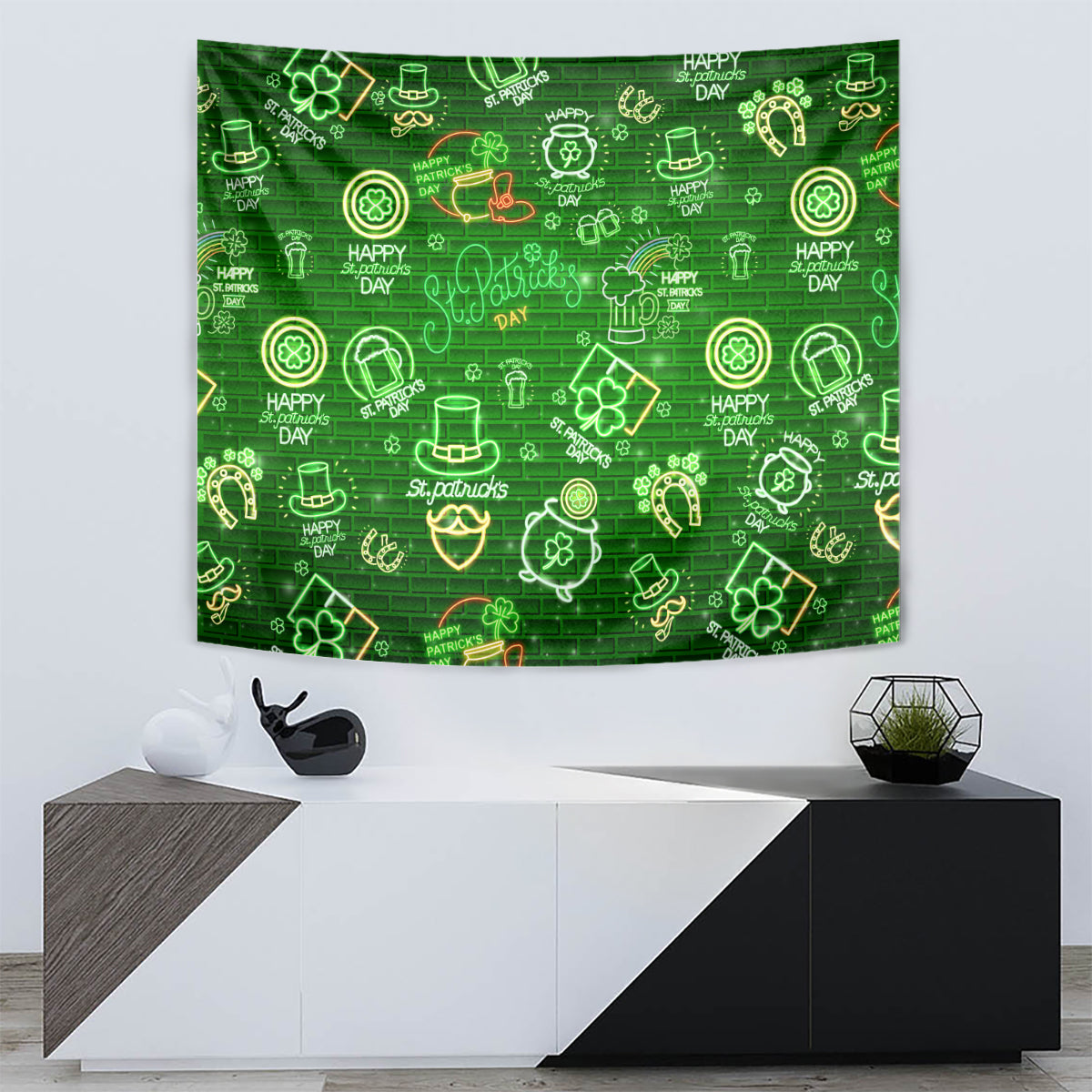 Green neon St. Patrick's Day wall tapestry featuring shamrocks, beer mugs, and 'Happy' words