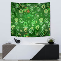 Green neon St. Patrick's Day wall tapestry featuring shamrocks, beer mugs, and 'Happy' words