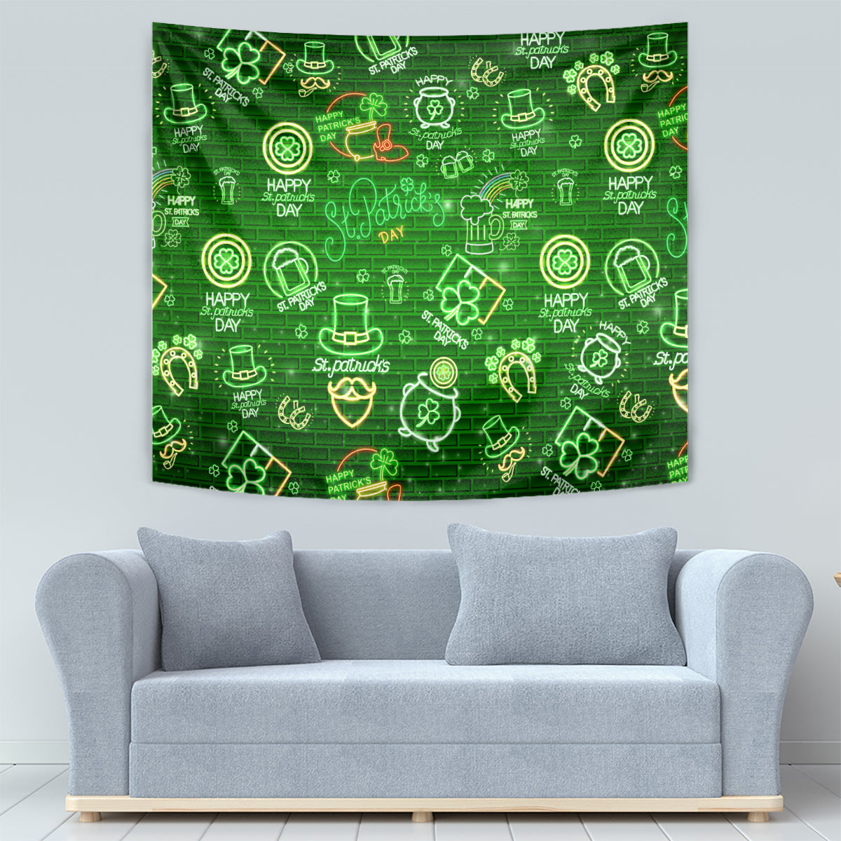 Green neon St. Patrick's Day tapestry with colorful line icons and shamrock patterns