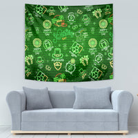 Green neon St. Patrick's Day tapestry with colorful line icons and shamrock patterns