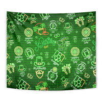 Green neon St. Patrick's Day tapestry close-up with clovers, hats, and horseshoe shapes